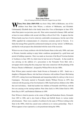 Peter John Wilson Ilson, Peter John (1869-1918) Was Born 4 May 1869 in Melbourne, One of Five Children from Peter John Wilson, A