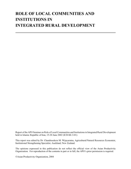 Role of Local Communities and Institutions in Integrated Rural Development