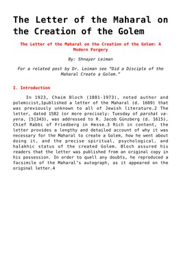 The Letter of the Maharal on the Creation of the Golem