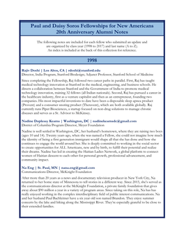 Paul and Daisy Soros Fellowships for New Americans 20Th Anniversary Alumni Notes