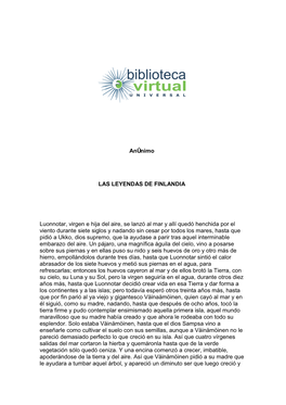 Anónimo LAS LEYENDAS DE FINLANDIA Luonnotar, Virgen E Hija