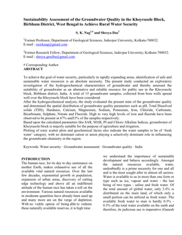 Sustainability Assessment of the Groundwater Quality in the Khoyrasole Block