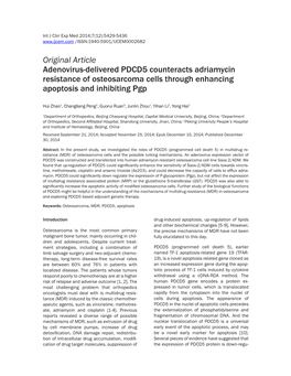 Original Article Adenovirus-Delivered PDCD5 Counteracts Adriamycin Resistance of Osteosarcoma Cells Through Enhancing Apoptosis and Inhibiting Pgp