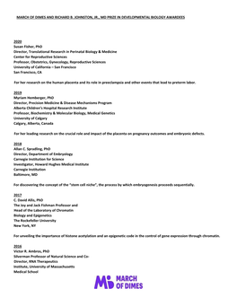March of Dimes and Richard B. Johnston, Jr., Md Prize in Developmental Biology Awardees