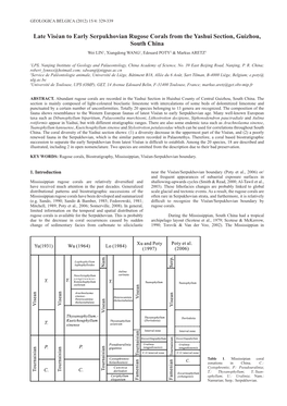 Late Viséan to Early Serpukhovian Rugose Corals from the Yashui Section, Guizhou, South China Wei LIN1, Xiangdong WANG1, Edouard POTY2 & Markus ARETZ3