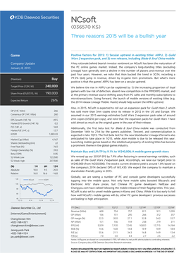 Ncsoft (036570 KS) Three Reasons 2015 Will Be a Bullish Year