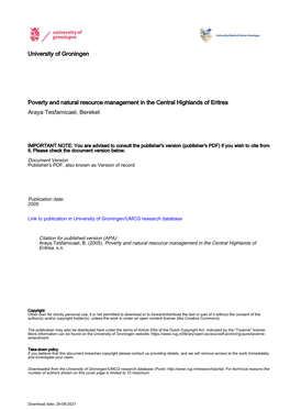 University of Groningen Poverty and Natural Resource Management in the Central Highlands of Eritrea Araya Tesfamicael, Bereket