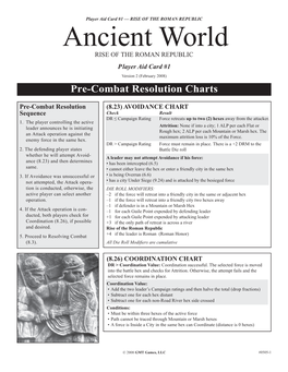 Ancient World RISE of the ROMAN REPUBLIC Player Aid Card #1 Version 2 (February 2008) Pre-Combat Resolution Charts