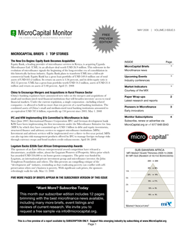 Microcapital Monitor FREE the CANDID VOICE for MICROFINANCE INVESTMENT PREVIEW EDITION*