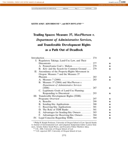 Measure 37, Macpherson V. Department of Administrative Services, and Transferable Development Rights As a Path out of Deadlock