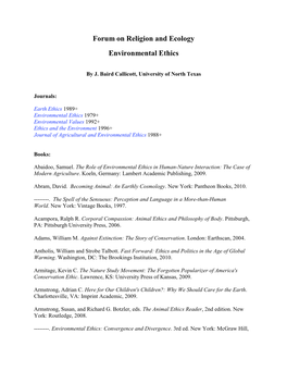 Forum on Religion and Ecology Environmental Ethics