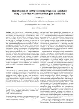 Identification of Subtype‑Specific Prognostic Signatures Using Cox Models with Redundant Gene Elimination