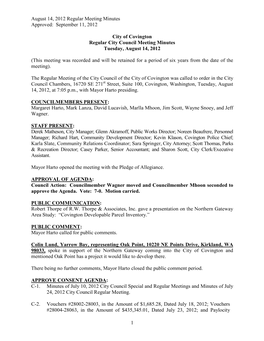 City of Covington Regular City Council Meeting Minutes Tuesday, August 14, 2012