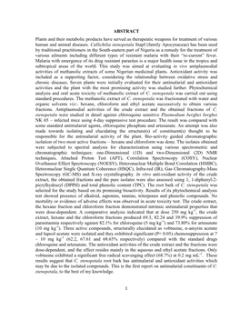 ABSTRACT Plants and Their Metabolic Products Have Served As Therapeutic Weapons for Treatment of Various Human and Animal Diseases