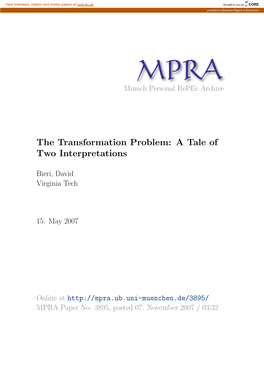 The Transformation Problem: a Tale of Two Interpretations