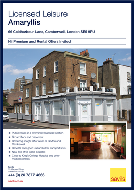 Licensed Leisure Amaryllis 66 Coldharbour Lane, Camberwell, London SE5 9PU