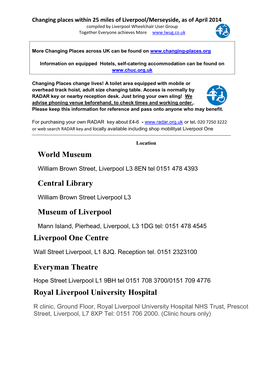 Changing Places Within 25 Miles of Liverpool/Merseyside, As of April 2014 Compiled by Liverpool Wheelchair User Group Together Everyone Achieves More