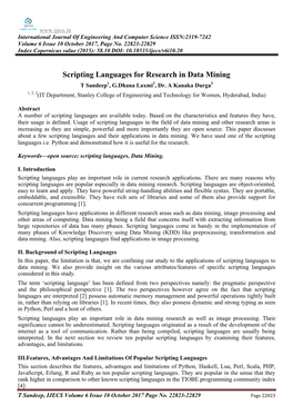 Scripting Languages for Research in Data Mining T Sandeep1, G.Dhana Laxmi2, Dr