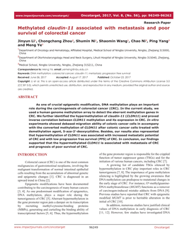 Methylated Claudin-11 Associated with Metastasis and Poor Survival of Colorectal Cancer