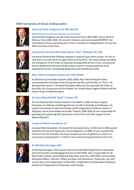 NSW Centenary of Anzac Ambassadors Bios