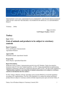 Lists of Animals and Products to Be Subject to Veterinary Controls Turkey