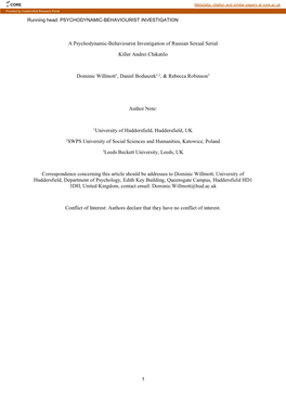 A Psychodynamic-Behaviourist Investigation of Russian Sexual Serial Killer Andrei Chikatilo Dominic Willmott1, Daniel Boduszek1