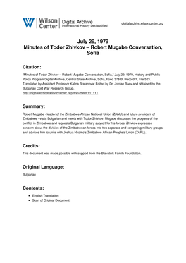 July 29, 1979 Minutes of Todor Zhivkov – Robert Mugabe Conversation, Sofia