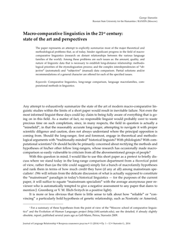 Macro-Comparative Linguistics in the 21St Century: State of the Art and Perspectives