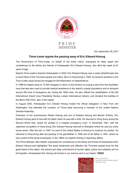 Timor-Leste Regrets the Passing Away of Eric Edward Hotung