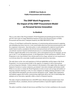 The DWP Work Programme - the Impact of the DWP Procurement Model on Personal Service Innovation