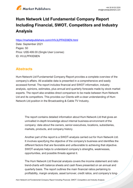 Hum Network Ltd Fundamental Company Report Including Financial, SWOT, Competitors and Industry Analysis