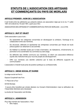 Statuts De L'association Des Artisans Et Commerçants