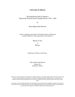 The English East India Company's Trade in the Western Pacific Through Taiwan, 1670 – 1683