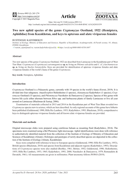 Two New Aphid Species of the Genus Cryptomyzus Oestlund, 1922 (Hemiptera, Aphididae) from Kazakhstan, and Keys to Apterous and Alate Viviparous Females