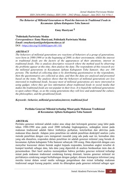 The Behavior of Millenial Generations to Ward the Interests in Traditional Foods in Kecamatan Ajibata Kabupaten Toba Samosir