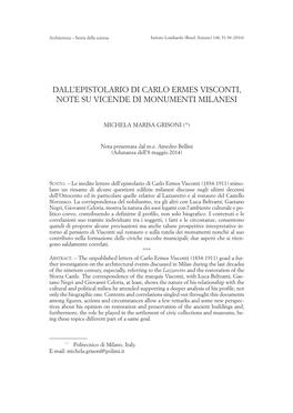 Dall'epistolario Di Carlo Ermes Visconti, Note Su Vicende Di Monumenti