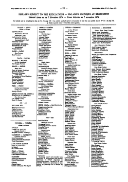 DISEASES SUBJECT to the REGULATIONS - MALADIES SOUMISES AU RÈGLEMENT Infected Areas As on 7 November 1974 — Zones Infectées Au 7 Novembre 1974