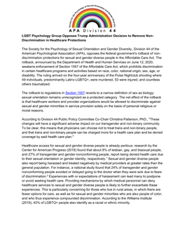 LGBT Psychology Group Opposes Trump Administration Decision to Remove Non- Discrimination in Healthcare Protections