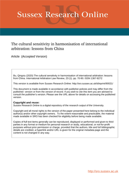 The Cultural Sensitivity in Harmonisation of International Arbitration: Lessons from China