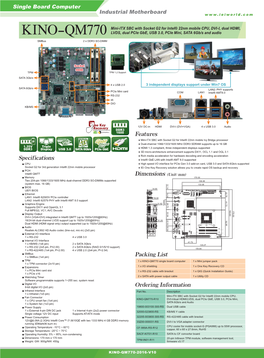 KINO-QM770 LVDS, Dual Pcie Gbe, USB 3.0, Pcie Mini, SATA 6Gb/S and Audio Smbus 2 X DDR3 SO-DIMM