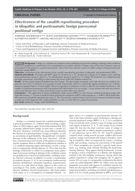 Effectiveness of the Canalith Repositioning Procedure in Idiopathic and Posttraumatic Benign Paroxysmal Positional Vertigo