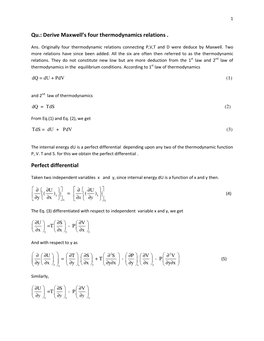 Derive Maxwell's Four Thermodynamics Relations . Perfect Differential