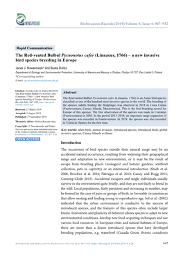 The Red-Vented Bulbul Pycnonotus Cafer (Linnaeus, 1766) – a New Invasive Bird Species Breeding in Europe