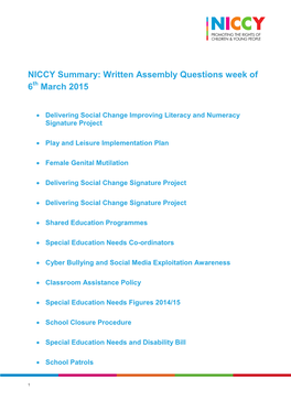 NICCY Summary: Written Assembly Questions Week of 6 March 2015