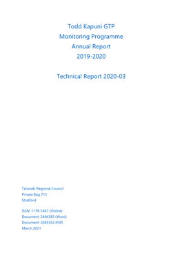 Todd Kapuni Gas Treatment Plant Consent Monitoring Report