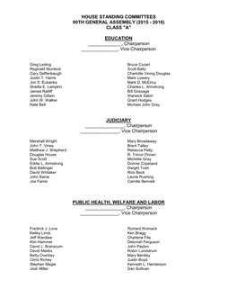 House Standing Committees 90Th General Assembly (2015 - 2016) Class "A"