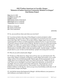 OH 37 Indian-Americans in Corvallis, Oregon “Histories of Indian-American Community Members in Oregon” Oral History Project