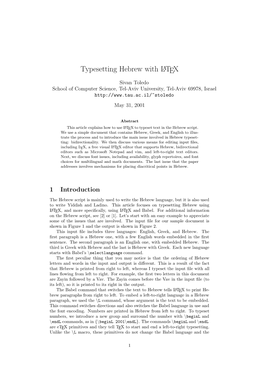 Typesetting Hebrew with LATEX Sivan Toledo School of Computer Science, Tel-Aviv University, Tel-Aviv 69978, Israel May 31, 2001