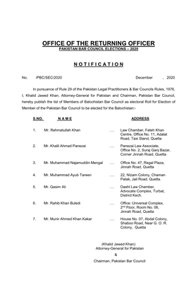 Office of the Returning Officer Pakistan Bar Council Elections – 2020