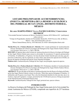 Listado Preliminar De Auchenorrhyncha (Insecta: Hemiptera) De La Reserva Ecológica Del Pedregal De San Ángel, Distrito Federal, México
